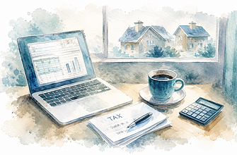 Laptop with tax data, calculator, and coffee on a windowsill, illustrating financial planning for UK.