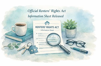 Official Renters' Rights Act information sheet with magnifying glass and office items.