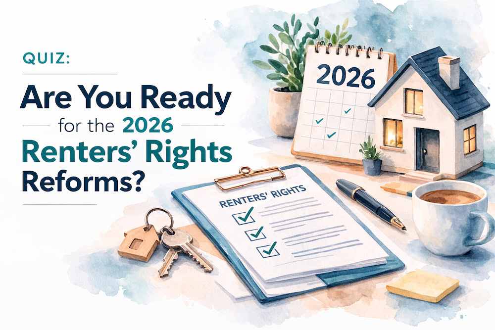Illustration of property rights reforms quiz with house, keys, and checklist for 2026.