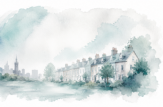 A well-maintained residential street with historic terraced houses and lush greenery, representing l.