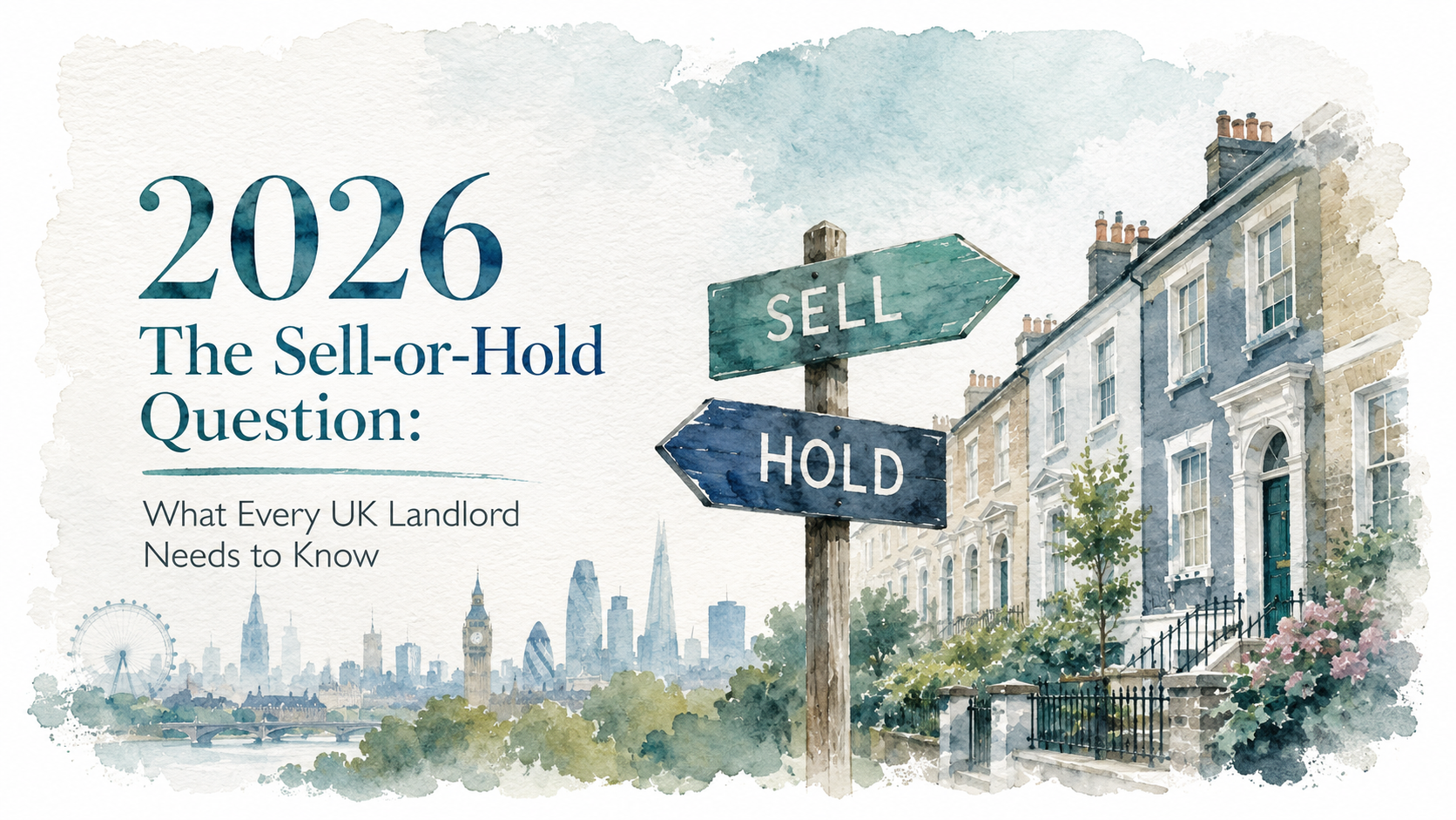 Modern residential street with "Sell" and "Hold" signs, representing property market decisions in th.